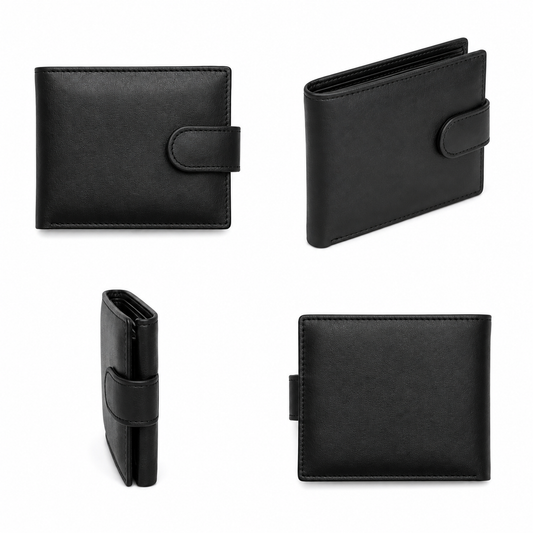 Front view of a genuine black leather men's wallet lying flat on a dark oak surface showing textured grain and neat perimeter stitching.