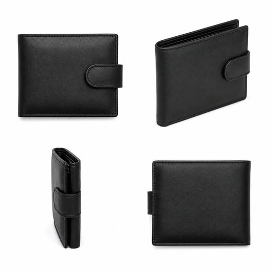 Front view of a genuine black leather men's wallet lying flat on a dark oak surface showing textured grain and neat perimeter stitching.
