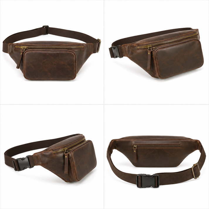 Man wearing a genuine brown leather crossbody bag while sitting outdoors in a stylish casual outfit