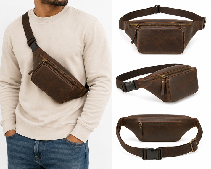 Man wearing a genuine brown leather crossbody bag while sitting outdoors in a stylish casual outfit