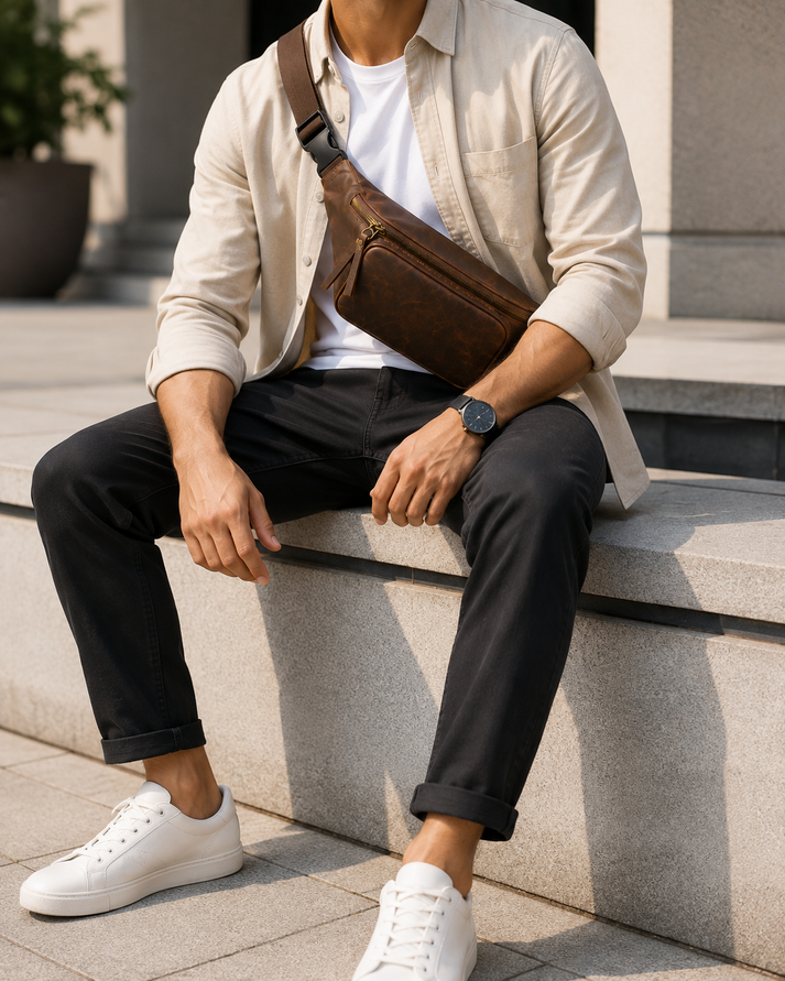 Man wearing a genuine brown leather crossbody bag while sitting outdoors in a stylish casual outfit