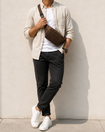 Man wearing a genuine brown leather crossbody bag while sitting outdoors in a stylish casual outfit