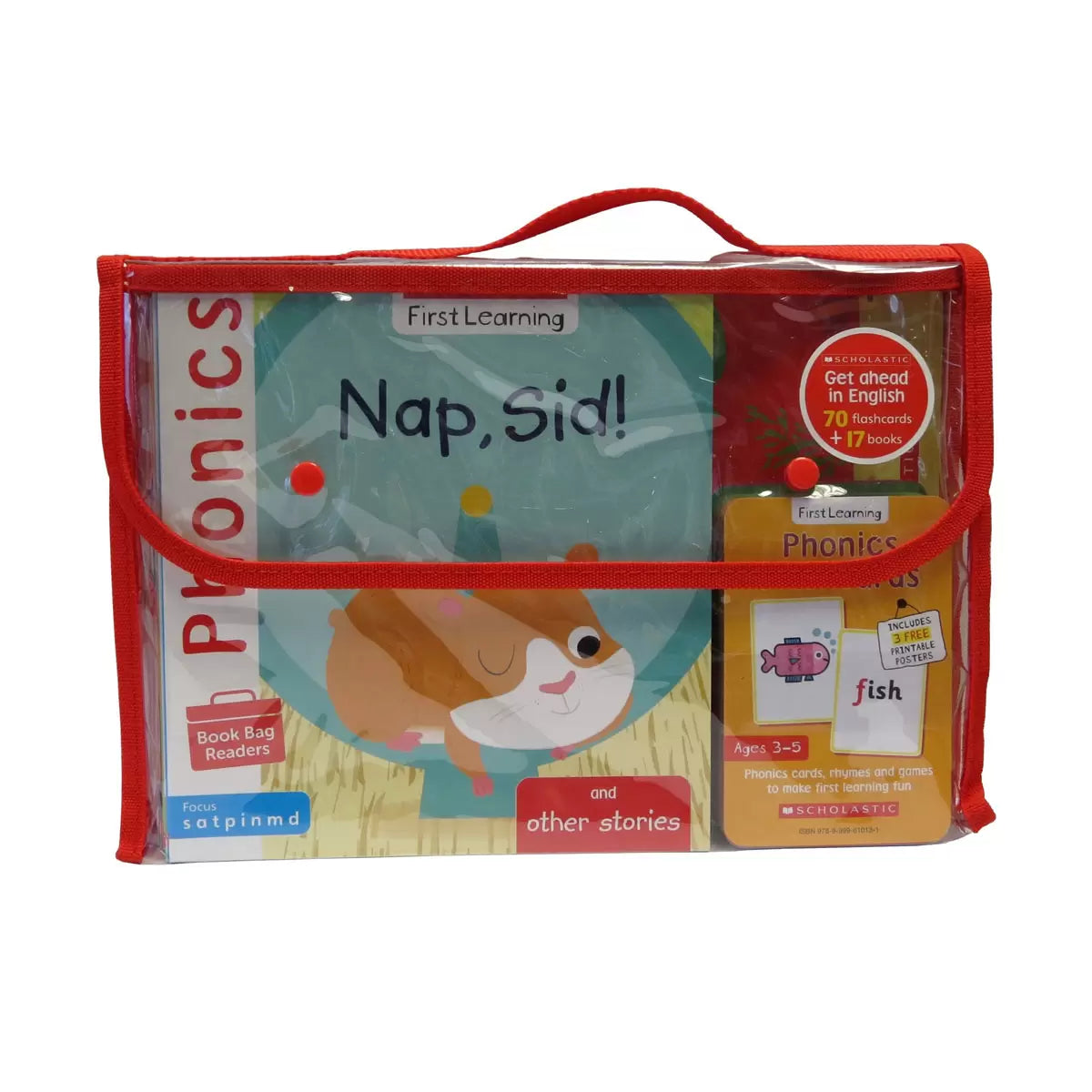 Front view of the complete Get Ahead in English learning set featuring 17 colorful paperback books and 70 phonics flashcards neatly arranged on a light surface.