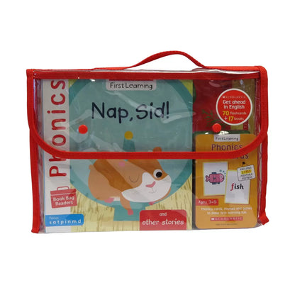 Front view of the complete Get Ahead in English learning set featuring 17 colorful paperback books and 70 phonics flashcards neatly arranged on a light surface.