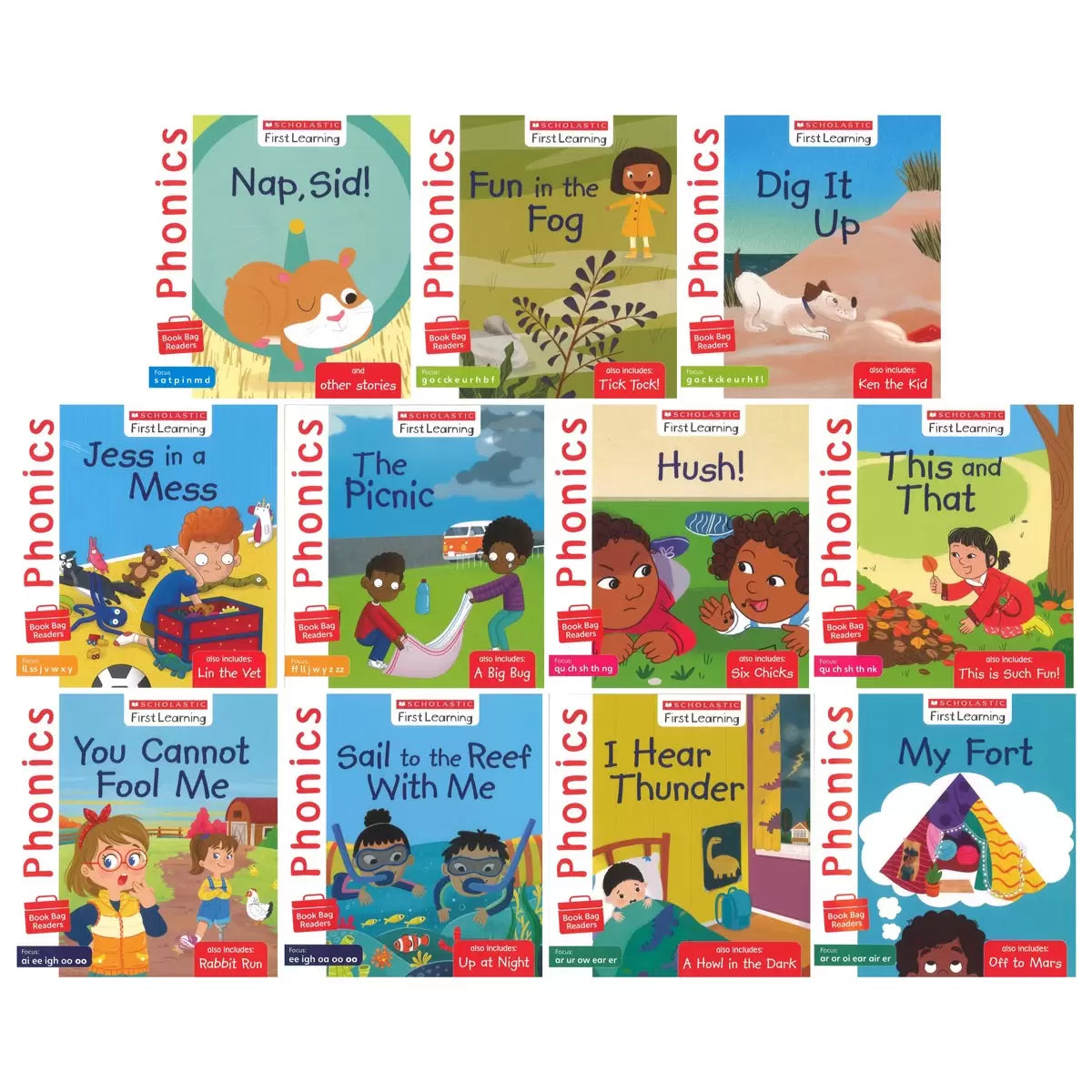 Front view of the complete Get Ahead in English learning set featuring 17 colorful paperback books and 70 phonics flashcards neatly arranged on a light surface.