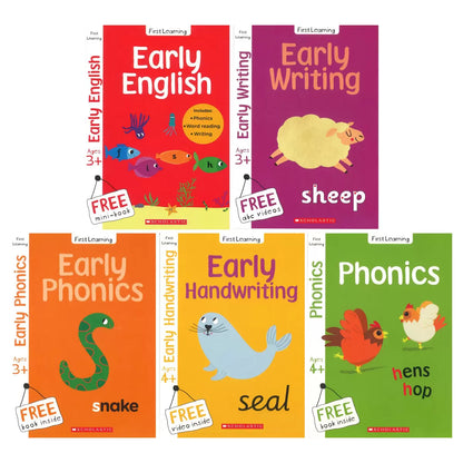Front view of the complete Get Ahead in English learning set featuring 17 colorful paperback books and 70 phonics flashcards neatly arranged on a light surface.