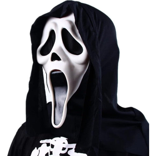 Front view of an adult wearing a classic white Ghost Face horror mask with an integrated black cloth hood in a dark setting