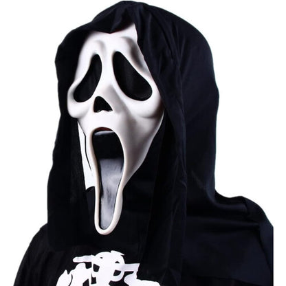 Front view of an adult wearing a classic white Ghost Face horror mask with an integrated black cloth hood in a dark setting