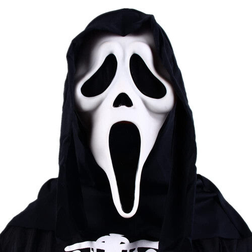 Front view of an adult wearing a classic white Ghost Face horror mask with an integrated black cloth hood in a dark setting