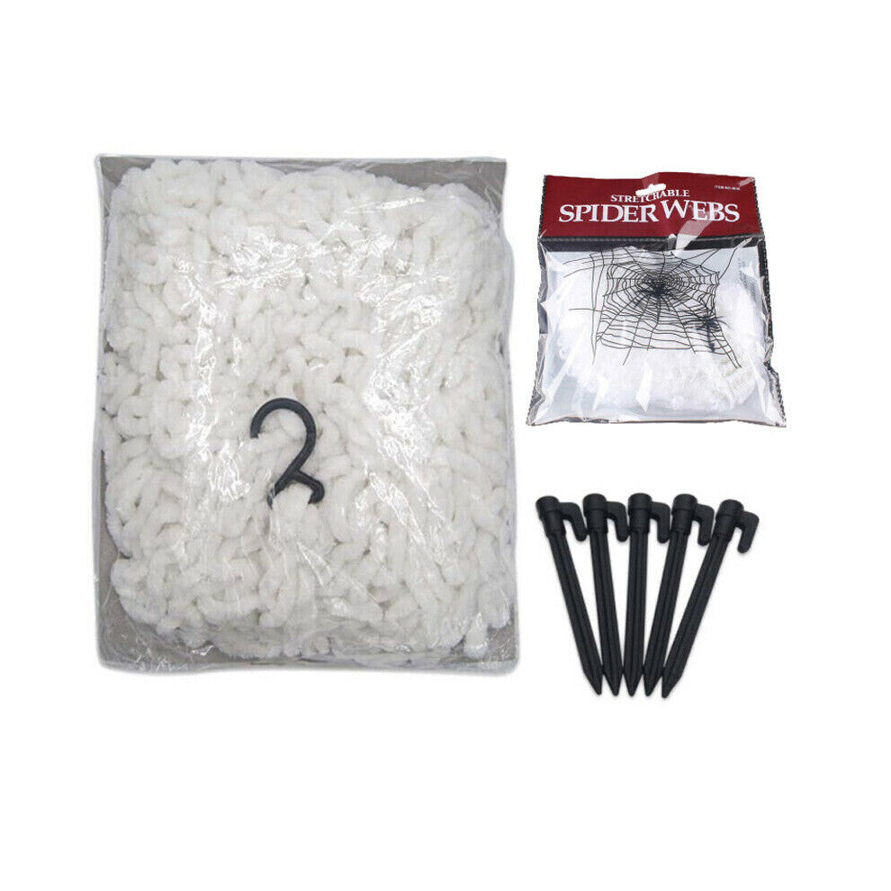 Large white 5M giant spider web stretched from a house roofline down to a grass lawn secured with ground stakes.