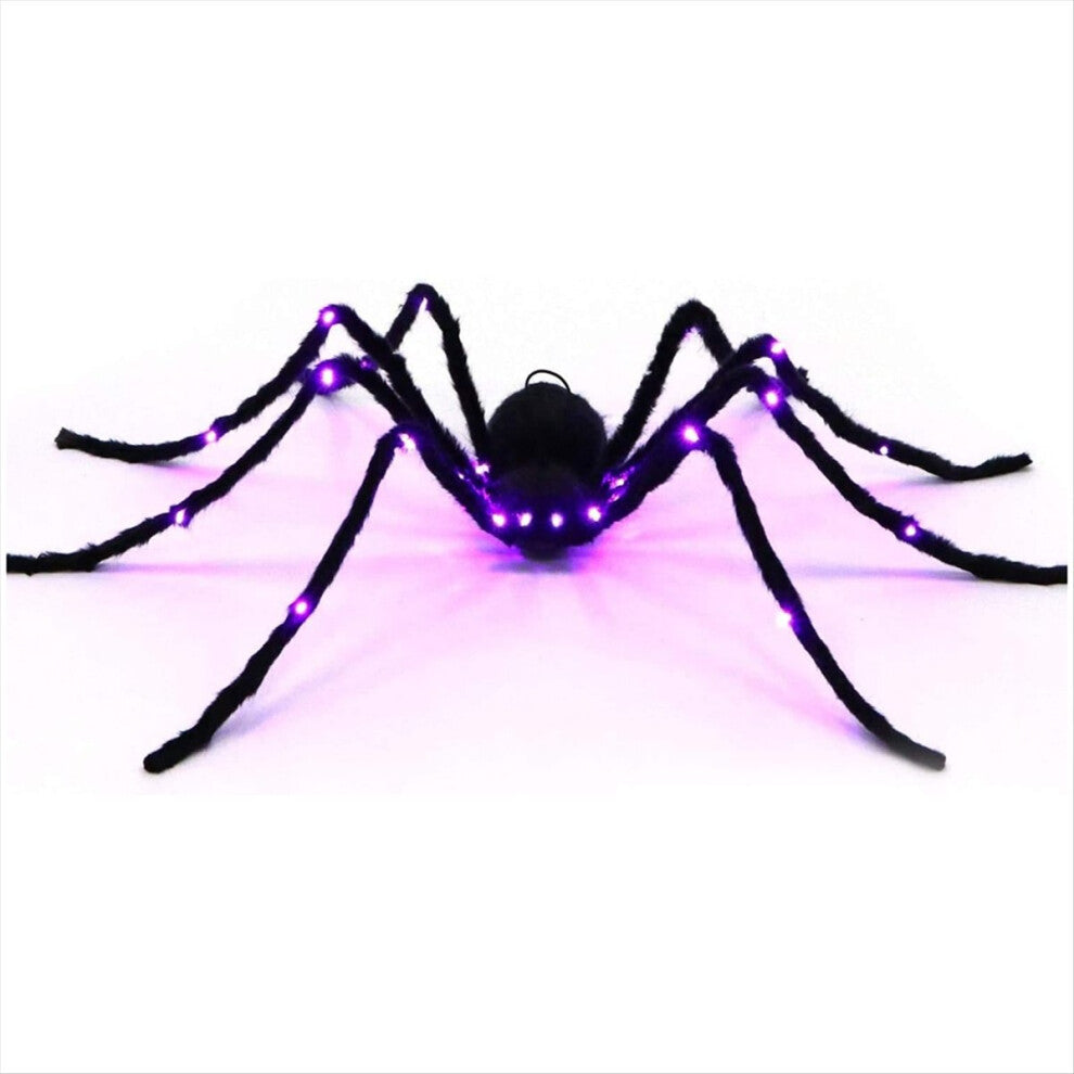 Angle view of a 2.9ft giant black hairy spider decoration with glowing red LED eyes crouching on a dark background.