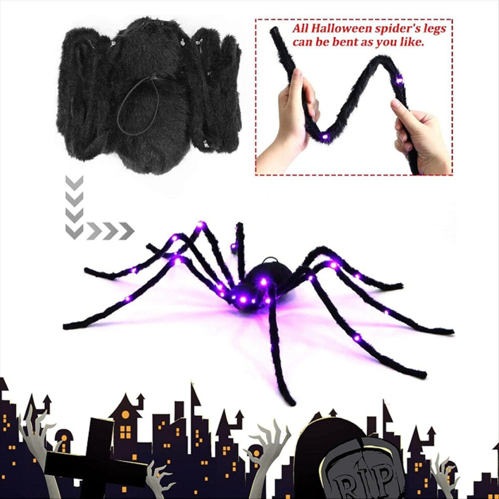 Angle view of a 2.9ft giant black hairy spider decoration with glowing red LED eyes crouching on a dark background.