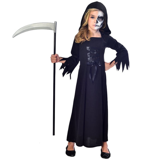 Front view of the Girls Grim Reaper Halloween Costume in deep black textured polyester fabric draped on a child mannequin against a neutral backdrop.