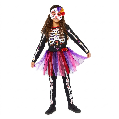Front view of the Girls Mexican Day of the Dead Costume showing the black and red lace ruffled dress with colorful sugar skull print on a child mannequin against a bright background.