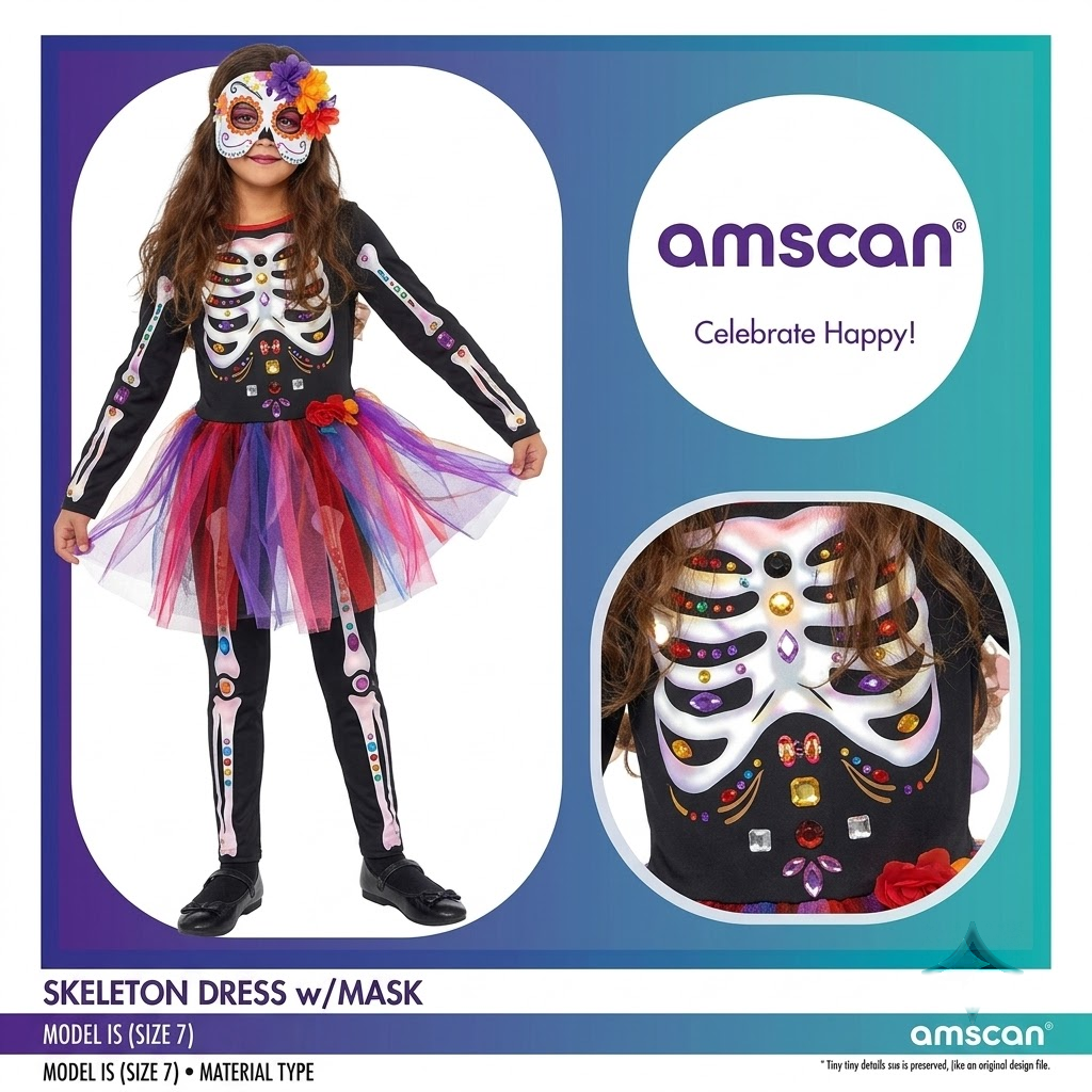 Front view of the Girls Mexican Day of the Dead Costume showing the black and red lace ruffled dress with colorful sugar skull print on a child mannequin against a bright background.