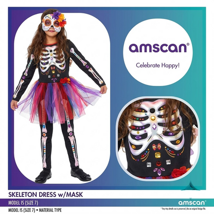 Front view of the Girls Mexican Day of the Dead Costume showing the black and red lace ruffled dress with colorful sugar skull print on a child mannequin against a bright background.