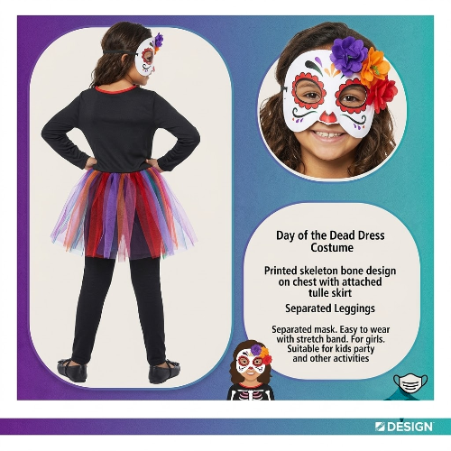 Front view of the Girls Mexican Day of the Dead Costume showing the black and red lace ruffled dress with colorful sugar skull print on a child mannequin against a bright background.