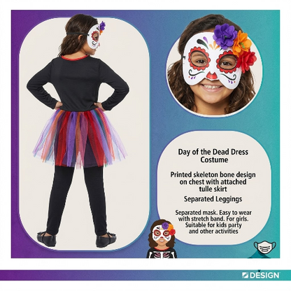 Front view of the Girls Mexican Day of the Dead Costume showing the black and red lace ruffled dress with colorful sugar skull print on a child mannequin against a bright background.