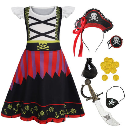 Front view of the black and red Berich girls pirate costume dress with included toy sword, headband, coins, and eye patch accessories displayed on a neutral background.