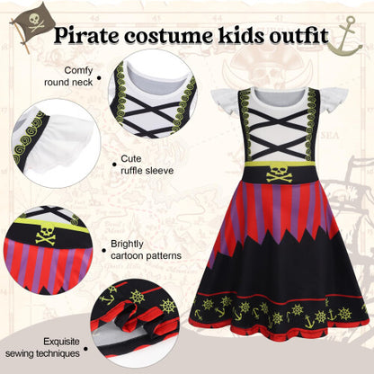 Front view of the black and red Berich girls pirate costume dress with included toy sword, headband, coins, and eye patch accessories displayed on a neutral background.