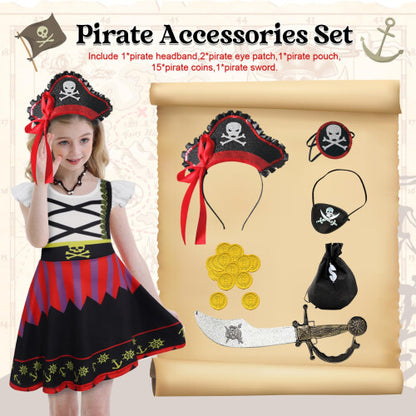Front view of the black and red Berich girls pirate costume dress with included toy sword, headband, coins, and eye patch accessories displayed on a neutral background.