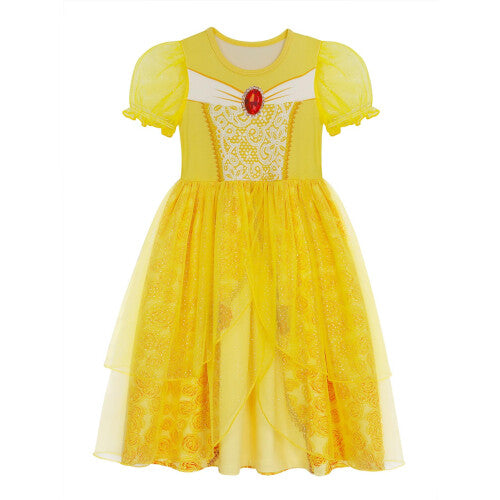 Front view of the Jurebecia yellow princess costume featuring a digitally printed pattern bodice, fluffy tulle puffy sleeves, and a layered yellow skirt on a plain background.