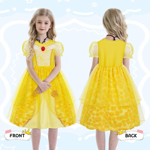Front view of the Jurebecia yellow princess costume featuring a digitally printed pattern bodice, fluffy tulle puffy sleeves, and a layered yellow skirt on a plain background.