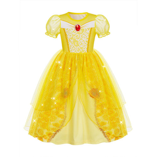 Front view of the Jurebecia yellow princess costume featuring a digitally printed pattern bodice, fluffy tulle puffy sleeves, and a layered yellow skirt on a plain background.