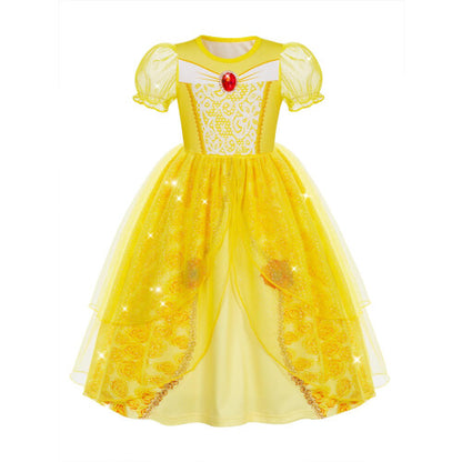 Front view of the Jurebecia yellow princess costume featuring a digitally printed pattern bodice, fluffy tulle puffy sleeves, and a layered yellow skirt on a plain background.