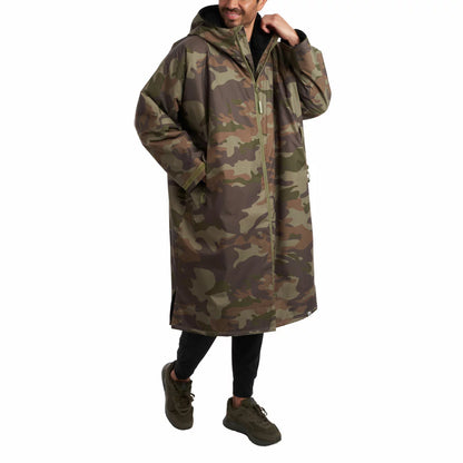 Front view of the black Glacier unisex outdoor waterproof robe featuring a deep fleece lining and full length zipper on a neutral background.