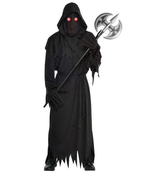 Full-length front view of a person wearing the Glaring Reaper Adult Costume with glowing red LED eyes and floor-length black frayed robes against a dark background.
