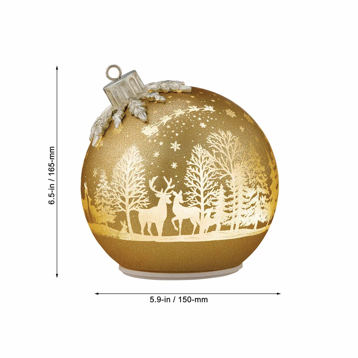 Pair of illuminated frosted glass rotating ball ornaments featuring etched reindeer and winter forest scenes glowing on a modern mantelpiece.