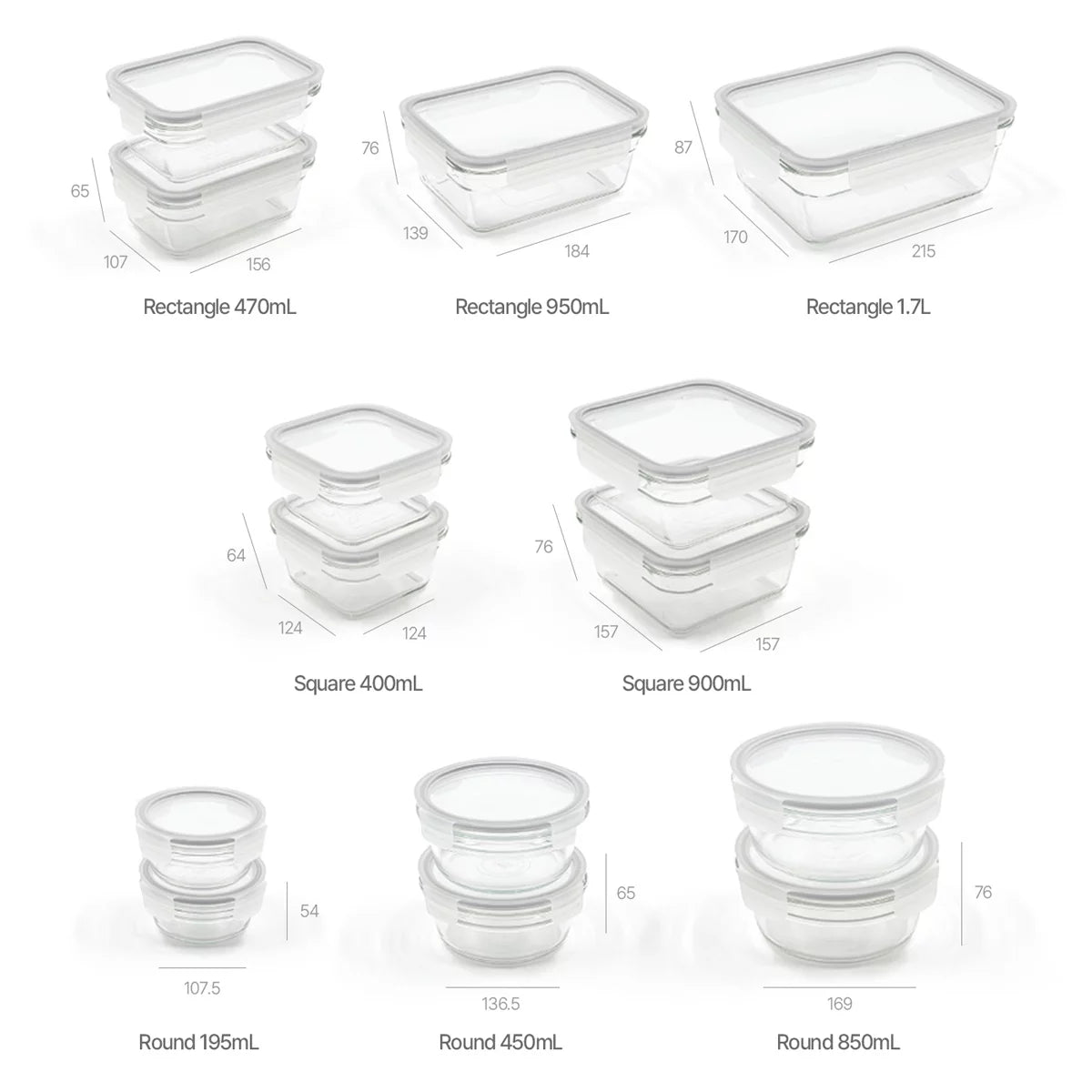 Glasslock 28-piece tempered glass food storage set neatly arranged on a modern kitchen counter.