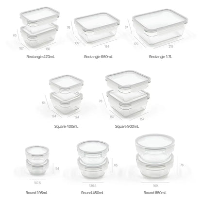 Glasslock 28-piece tempered glass food storage set neatly arranged on a modern kitchen counter.
