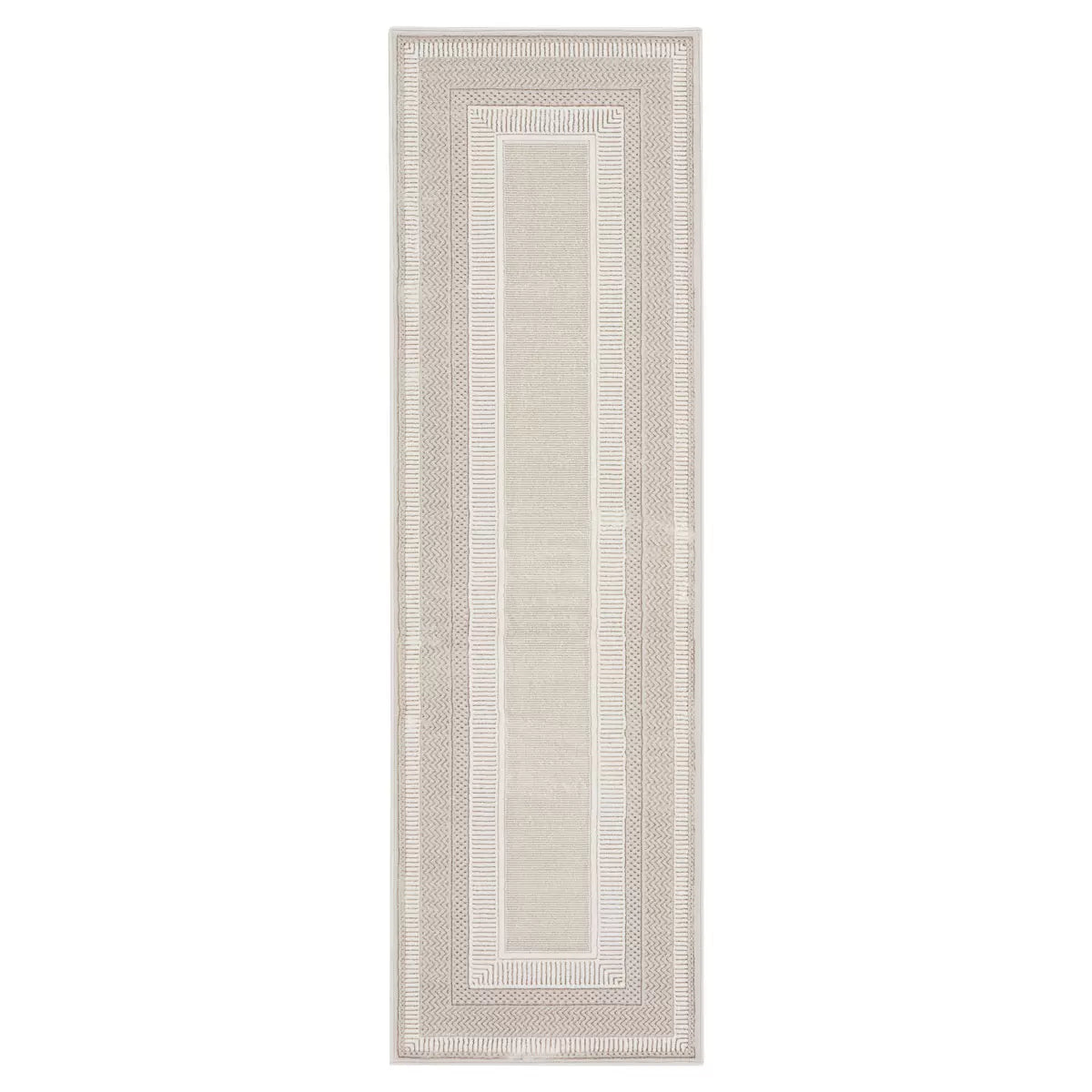Angle view of the ivory and cream Glitz Border Runner on dark hardwood floor highlighting its metallic shimmer and raised geometric border.
