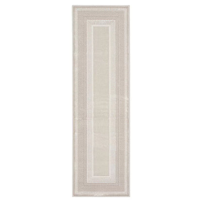 Angle view of the ivory and cream Glitz Border Runner on dark hardwood floor highlighting its metallic shimmer and raised geometric border.