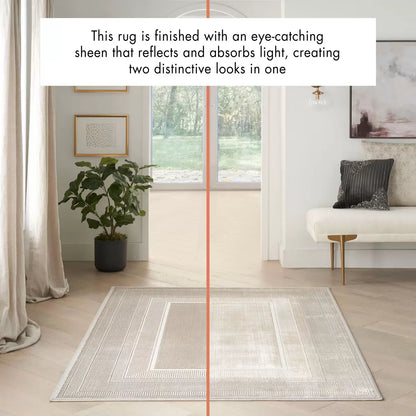 Angle view of the ivory and cream Glitz Border Runner on dark hardwood floor highlighting its metallic shimmer and raised geometric border.