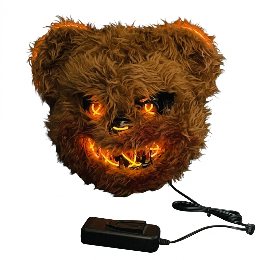 Front angle of a glowing bloody bear and bunny horror Halloween mask made of hard plastic with luminescent trim and red blood splatter details.Front angle of a glowing bloody bear and bunny horror Halloween mask made of hard plastic with luminescent trim and red blood splatter details.