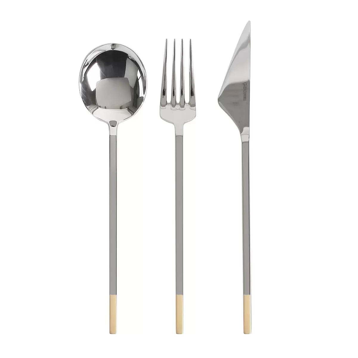 A close-up shot of the Golden Bell 24-piece cutlery set neatly arranged on a dark linen tablecloth, highlighting the polished silver 18/10 stainless steel texture and the gleaming gold-plated handles