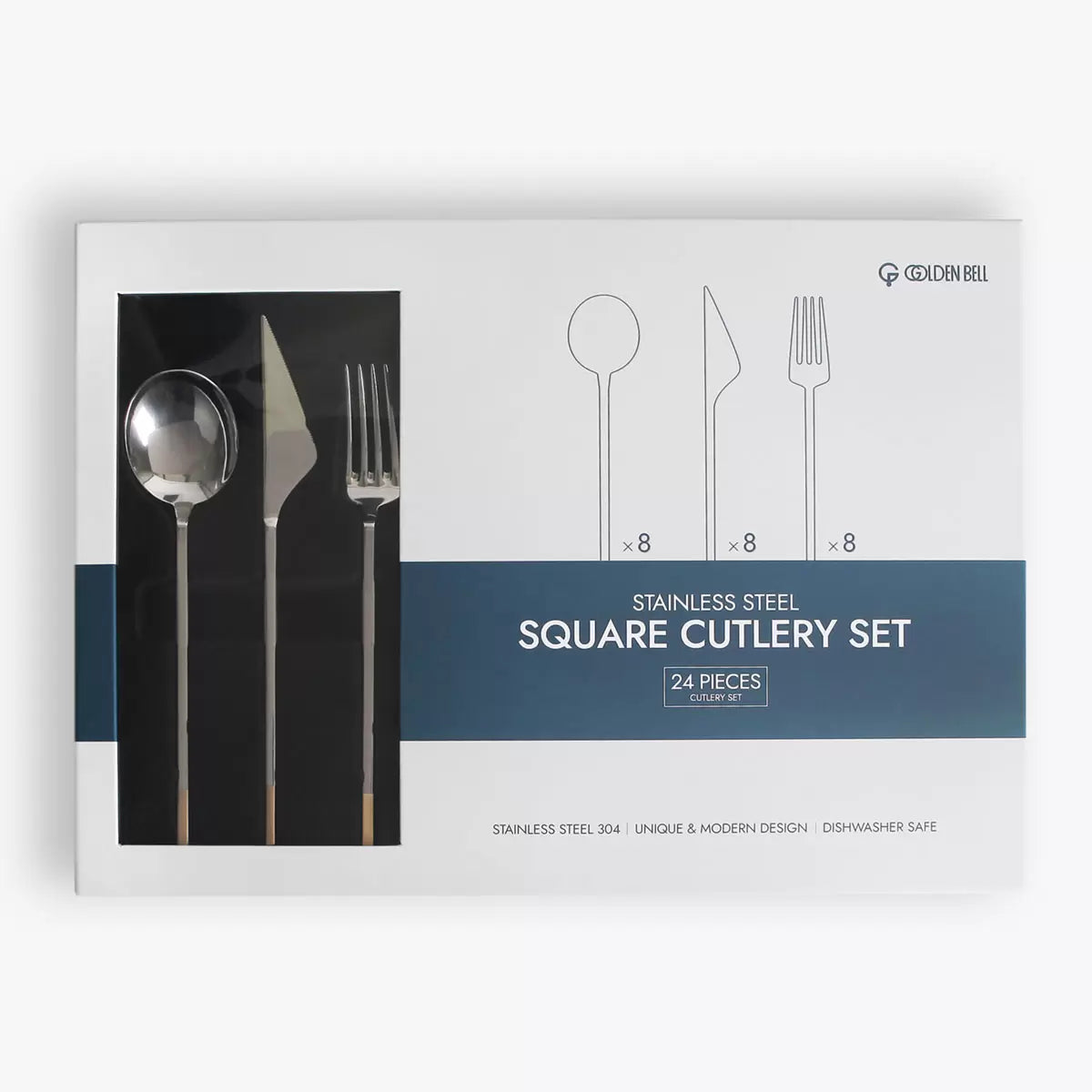 A close-up shot of the Golden Bell 24-piece cutlery set neatly arranged on a dark linen tablecloth, highlighting the polished silver 18/10 stainless steel texture and the gleaming gold-plated handles