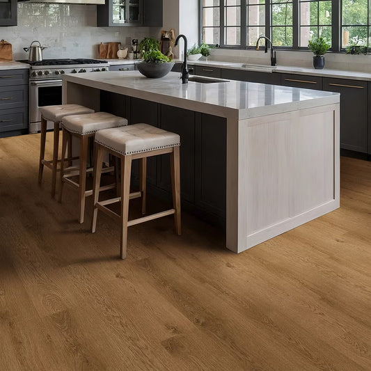 Golden Select Hampstead oak-effect SPC luxury vinyl plank featuring click-lock profile and pre-attached foam underlay displayed in a contemporary kitchen setting.