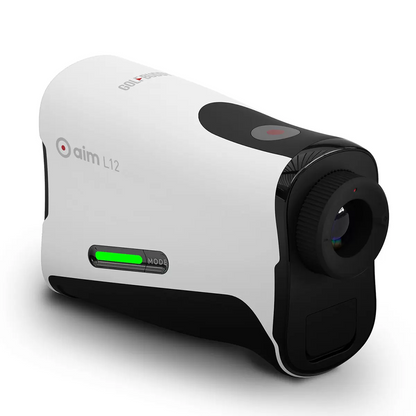 Compact white and silver Golf Buddy Aim L12 laser rangefinder resting inside its open black leather hard case on a golf cart seat.