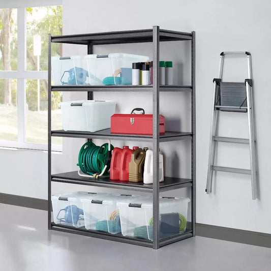 Gorilla 5 tier heavy duty storage shelf rack fully loaded with tools and storage bins in a tidy garage.