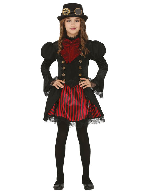 Front view of the Gothic Girl child costume showing the black long-sleeved dress with crisp white collar and cuffs against a plain background.