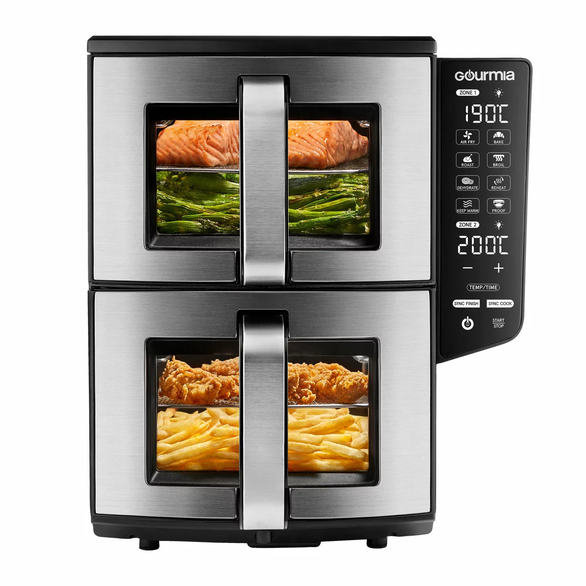 Gourmia Double Decker Air Fryer GAF1180, showcasing the sleek black finish with its vertical stacked baskets and digital LED control panel on a granite kitchen island.