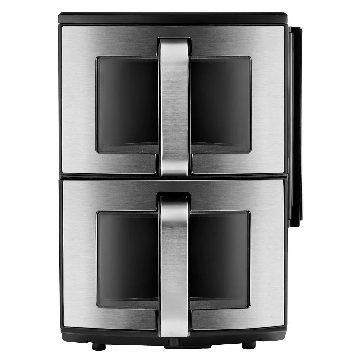 Gourmia Double Decker Air Fryer GAF1180, showcasing the sleek black finish with its vertical stacked baskets and digital LED control panel on a granite kitchen island.