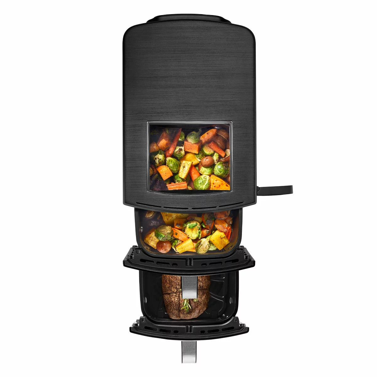 Gourmia Double Decker Air Fryer GAF1180, showcasing the sleek black finish with its vertical stacked baskets and digital LED control panel on a granite kitchen island.