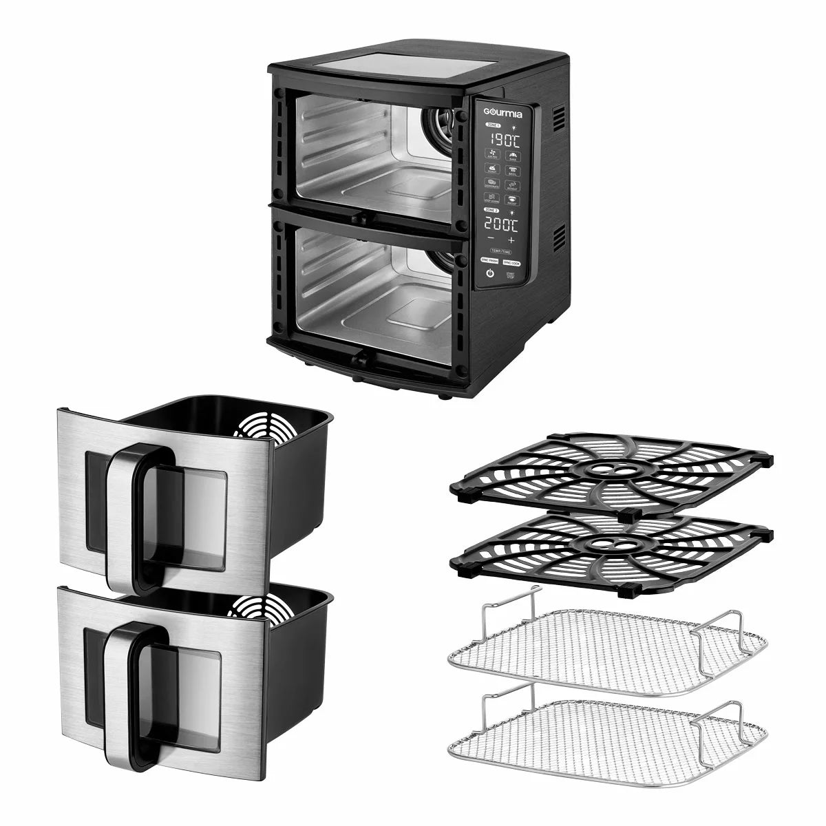 Gourmia Double Decker Air Fryer GAF1180, showcasing the sleek black finish with its vertical stacked baskets and digital LED control panel on a granite kitchen island.