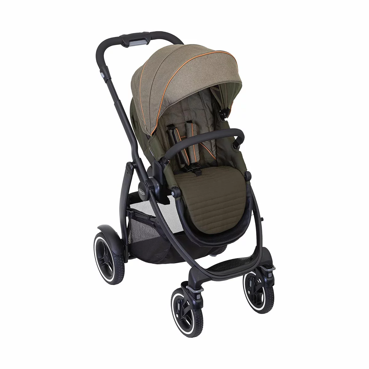 Graco Evo XT stroller in profile showing the extended wheelbase, multi-terrain tires, and protective mudguards on a rugged trail.