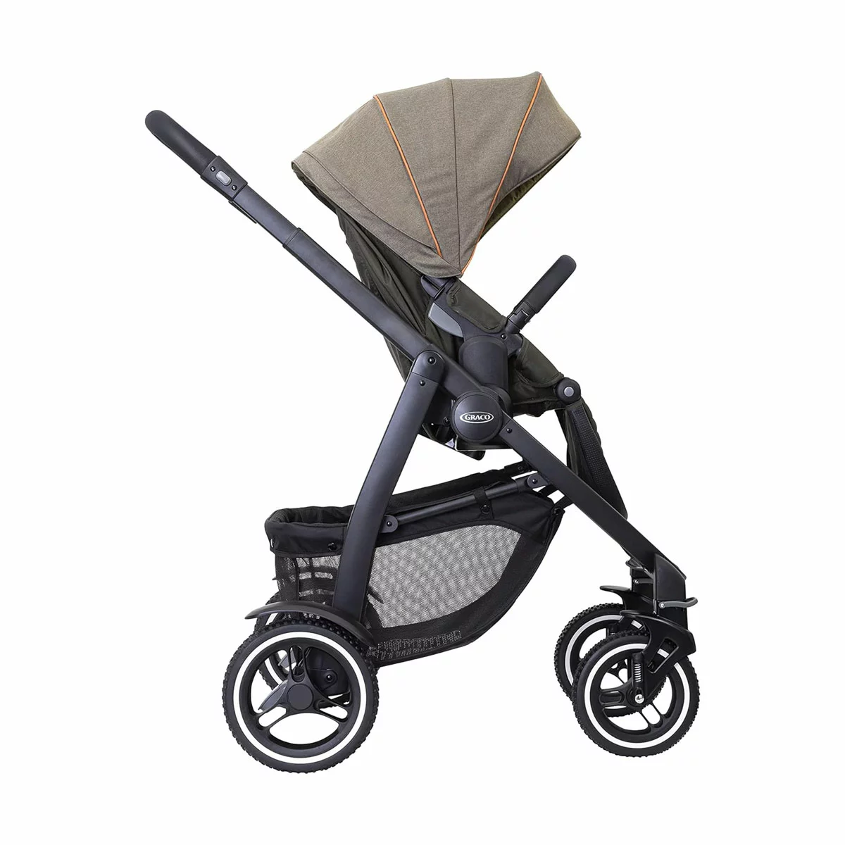 Graco Evo XT stroller in profile showing the extended wheelbase, multi-terrain tires, and protective mudguards on a rugged trail.